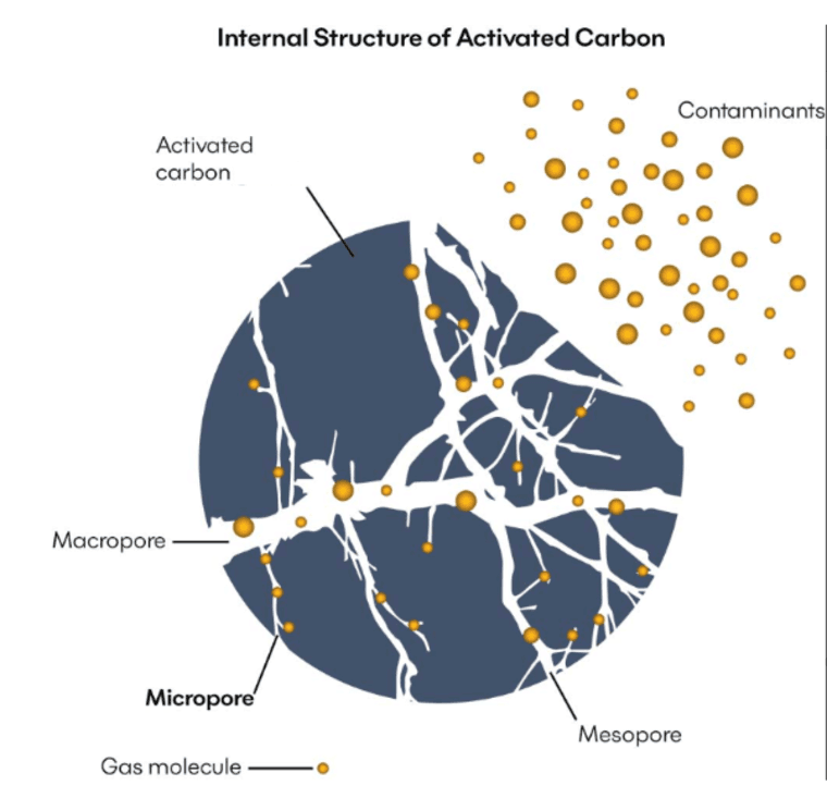 Diagram of activated carbon internal pore structure — macropore, mesopore and micropore trapping gas molecules and contaminants during adsorption