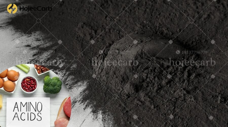 Close-up of powdered activated carbon beside an inset showing amino acid food sources, illustrating carbon use in amino acid purification