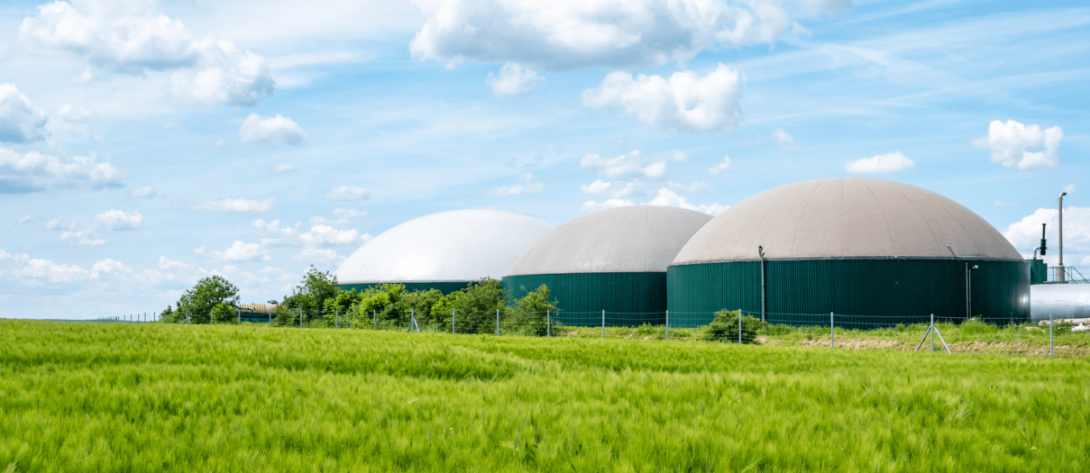 Biogas plant with anaerobic digester domes in a green field using activated carbon for H2S and siloxane removal