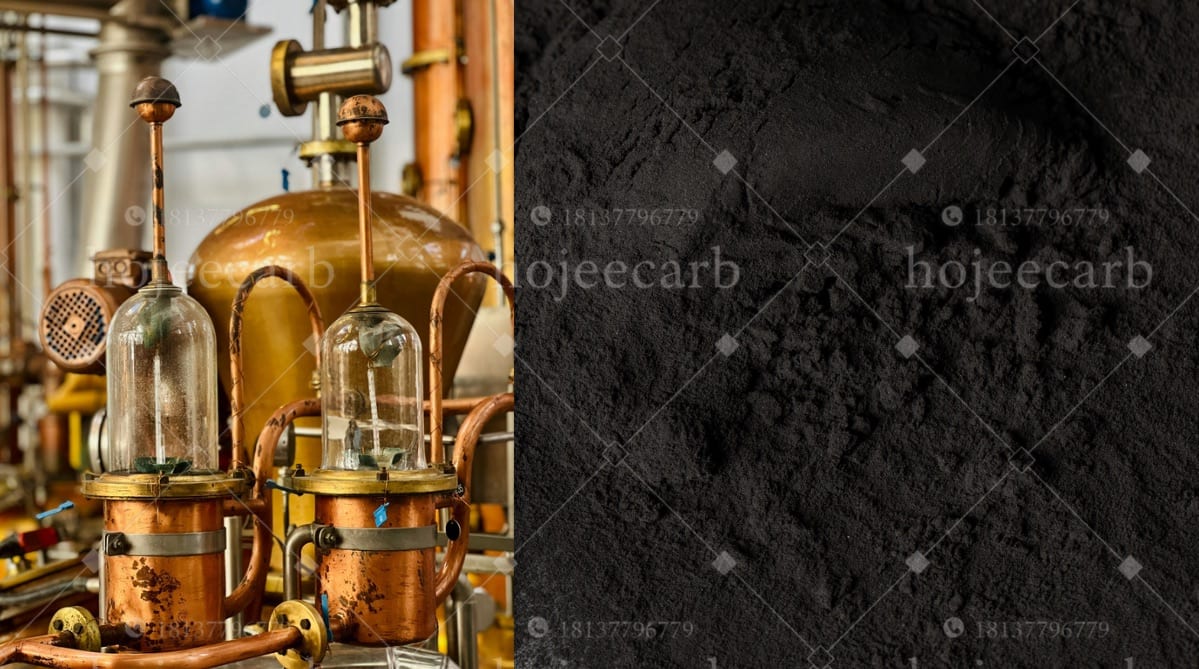 Copper pot still and sight glasses in a craft distillery alongside a close-up of fine activated carbon powder — HojeeCarb spirit-grade carbon
