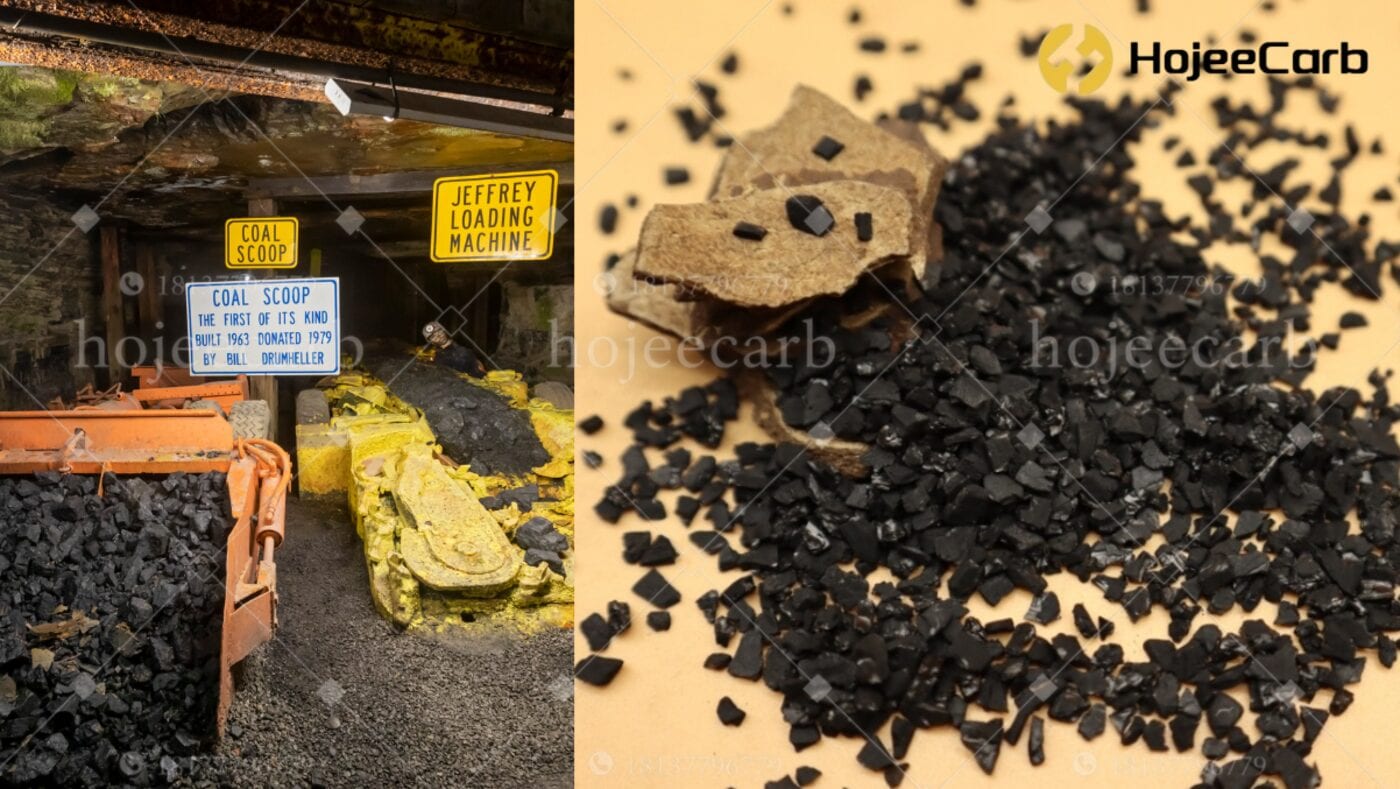 Close-up of HojeeCarb coconut shell activated carbon granules (left) next to a forklift loading FIBC bulk bags into a shipping container at the factory warehouse — CIP and CIL grade carbon ready for export