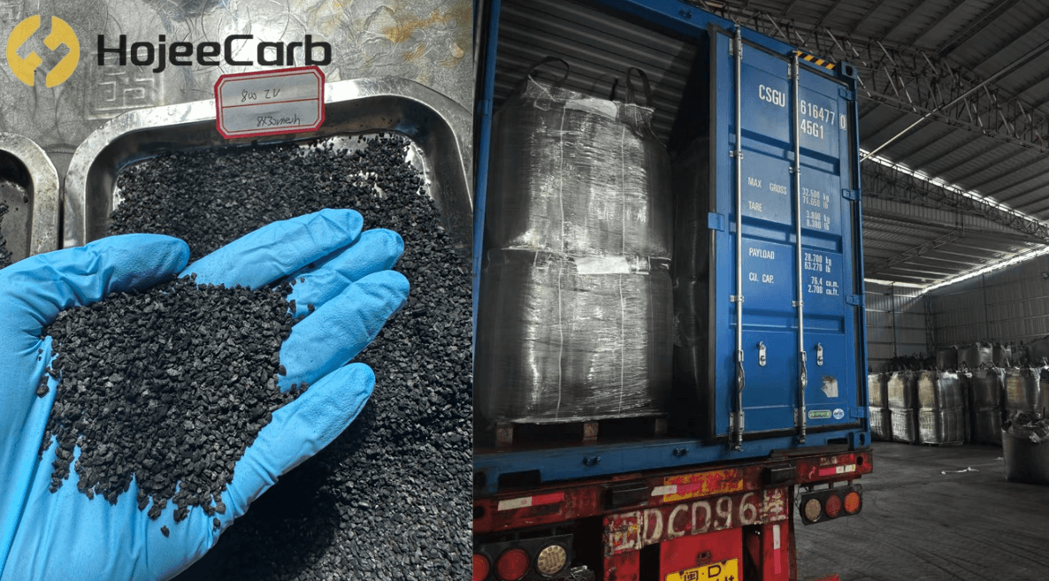 HojeeAqua BG900 coal-based granular activated carbon close-up showing 8×30 mesh particles, and bulk bags loaded in shipping container for export