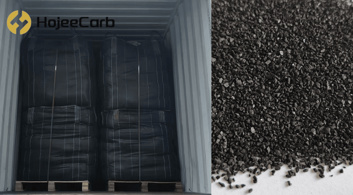 Bulk bags of HojeeAqua activated carbon loaded inside a shipping container with green strapping, ready for export to water treatment projects worldwide
