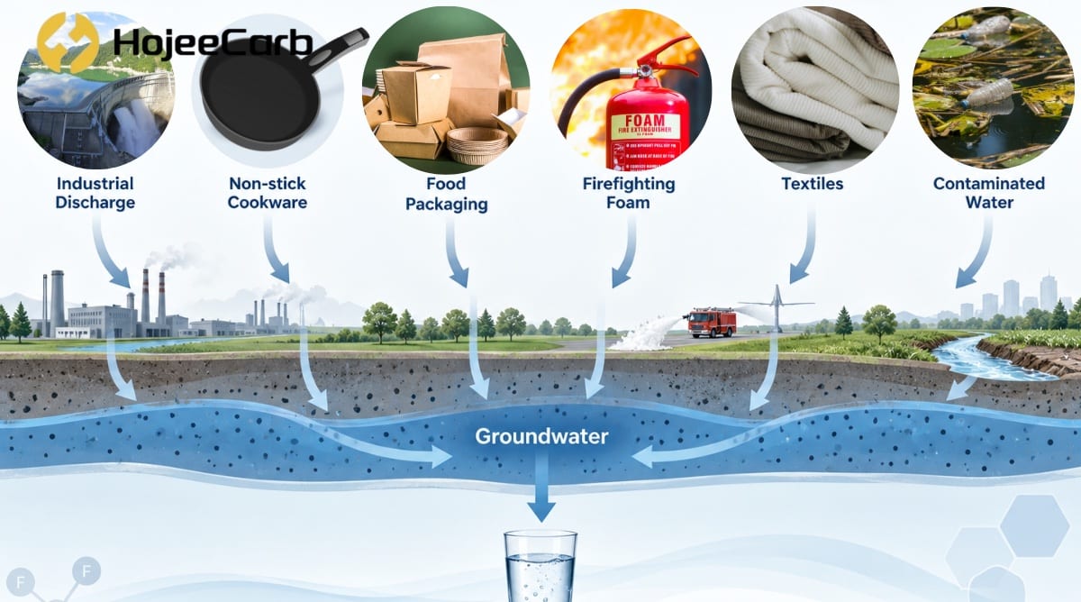 Close-up of HojeeCarb coconut shell granular activated carbon for PFAS removal — 8×30 mesh high-iodine GAC media
