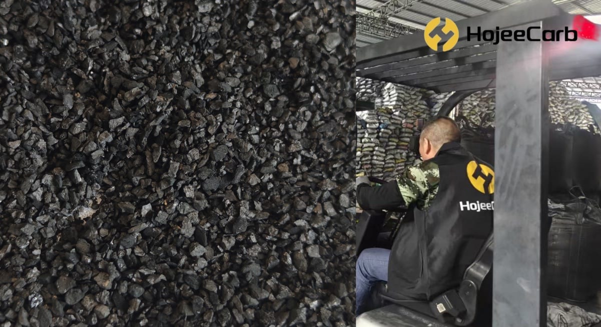 Stacked 25 kg bags of HojeeCarb granular activated carbon in warehouse — ready for PFAS removal project shipment