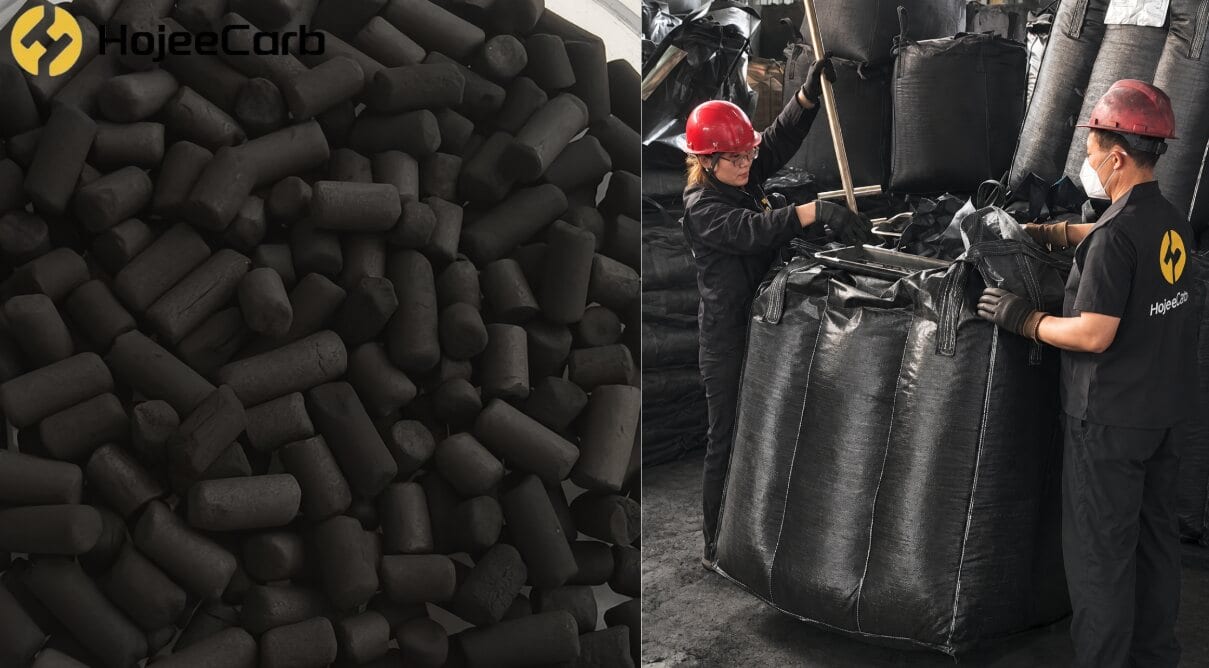 Close-up of HojeeCarb cylindrical activated carbon pellets beside two workers packing the pellets into FIBC bulk bags at the manufacturing facility — factory-direct odor-control media supply