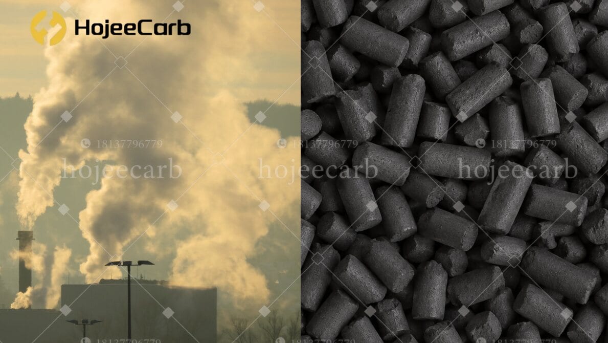 Split image showing industrial smokestacks emitting exhaust plumes beside a close-up of HojeeCarb dark cylindrical activated carbon pellets — the odor source and the deep-bed media that abates it