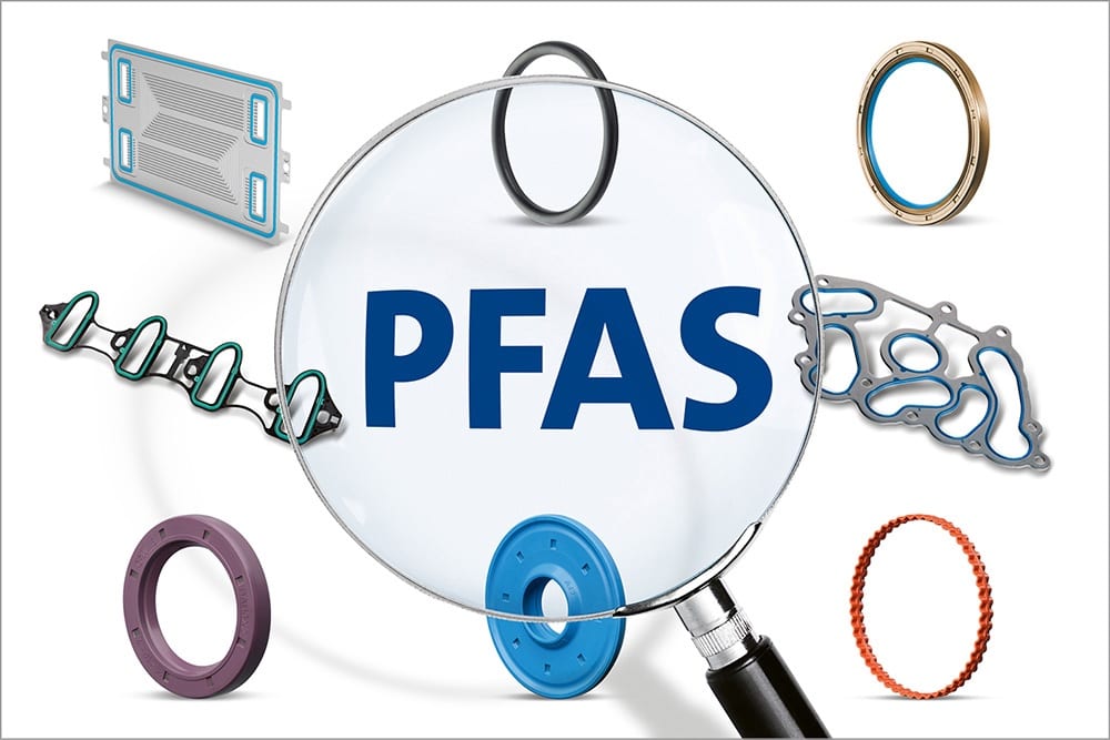 Industrial components containing PFAS - gaskets, seals, O-rings, and circuit boards examined under magnifying glass
