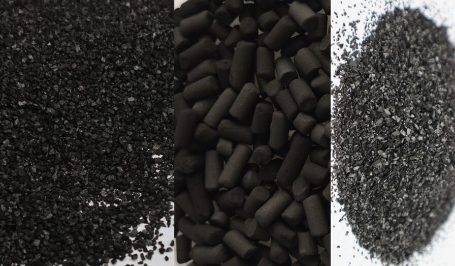 Three types of activated carbon for municipal water treatment — granular, pelletized, and powdered