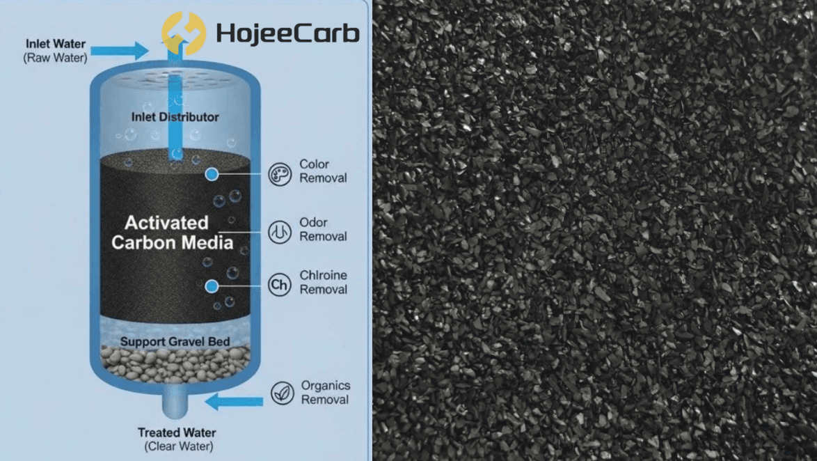 Activated carbon granules closeup — coconut shell and coal-based media for taste and odor removal in drinking water treatment