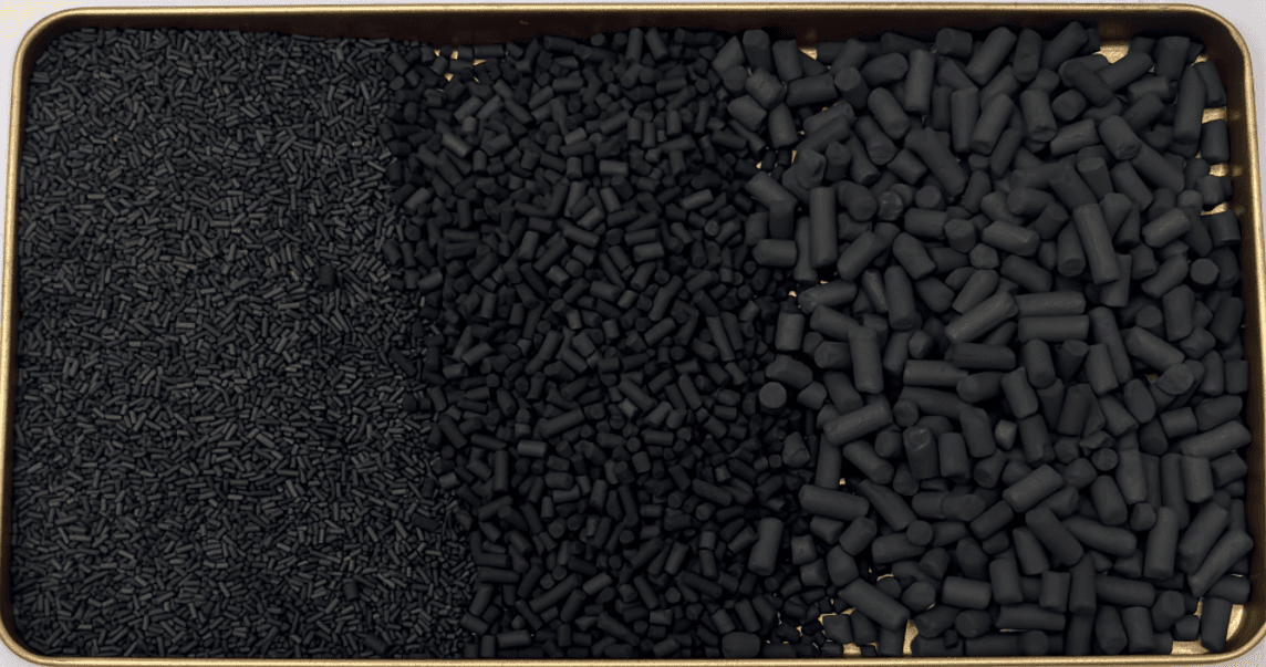 Three sizes of pelletized activated carbon for refinery amine treating and PSA applications
