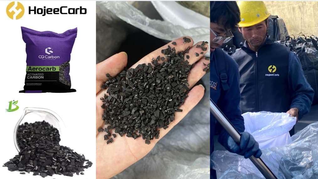Coconut shell activated carbon granules inspected by hand alongside SGS third-party quality inspection at the factory