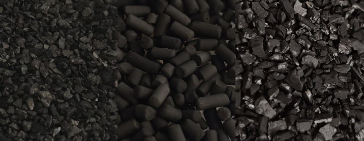 Three types of activated carbon side by side — coal-based granular, columnar pellet, and coconut shell
