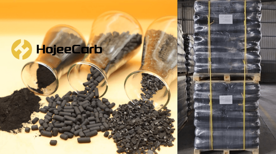 Different types of activated carbon products — powder, granular, and pellet forms — alongside warehouse pallets ready for shipment
