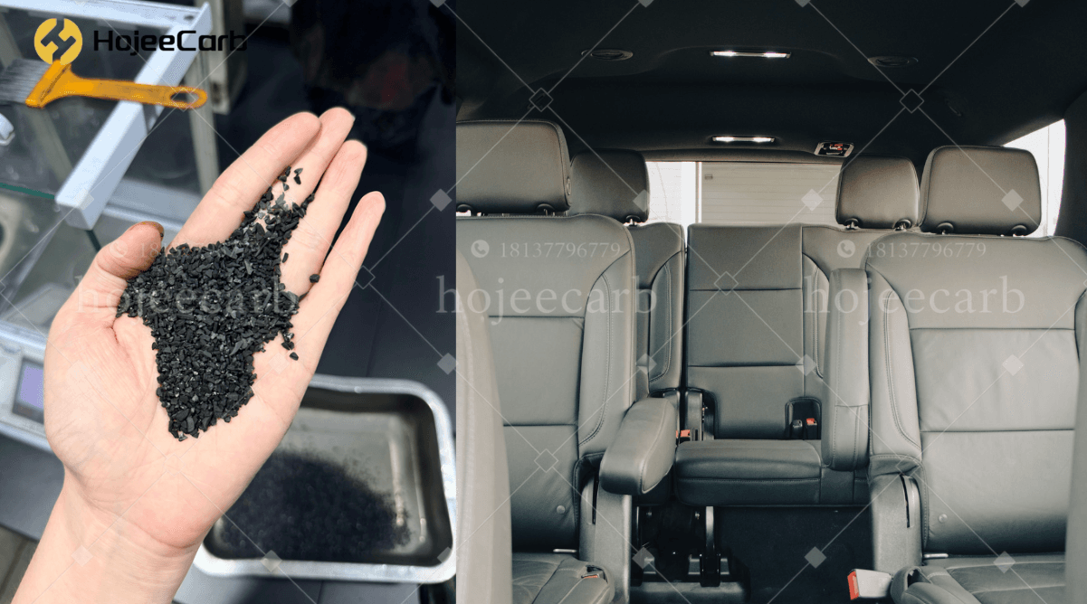 Granular activated carbon held in hand beside a clean vehicle cabin interior — used in automotive cabin air filters for odor and VOC removal