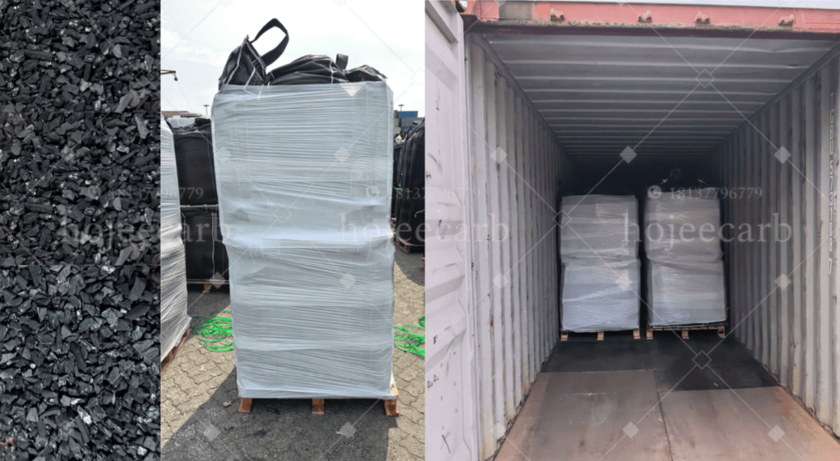 Granular activated carbon in jumbo bags loaded into a shipping container for automotive supply chain — coconut shell and coal-based grades for EVAP canisters