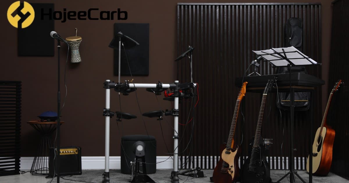 Recording studio with acoustic panels and bass traps — activated carbon provides low-frequency absorption in a shallow panel depth