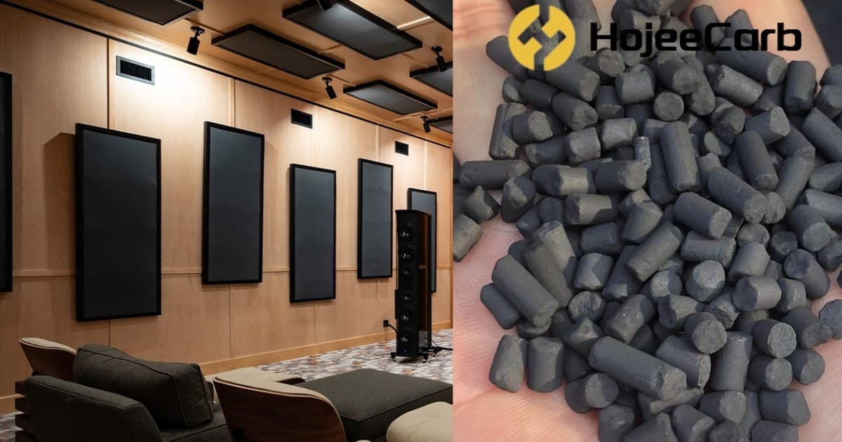 Hi-fi listening room with acoustic panels and 5mm coal-based columnar activated carbon pellets used as bass trap fill