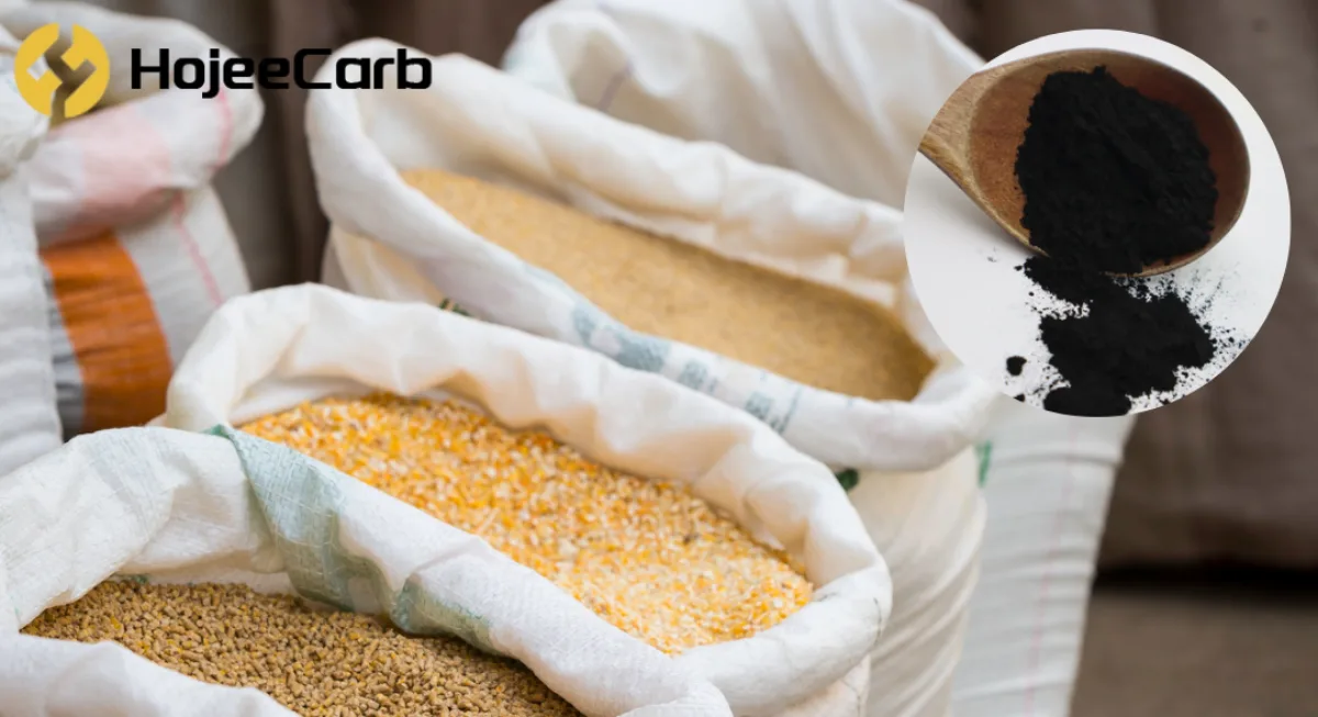 Bags of corn and grain feed with an inset of coconut shell powdered activated carbon on a wooden spoon — HojeeCarb feed additive shipment to Bolivia
