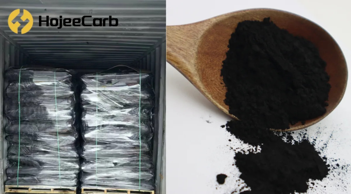 HojeeCarb coconut shell powdered activated carbon loaded in an export container with a close-up of the fine black powder on a wooden spoon