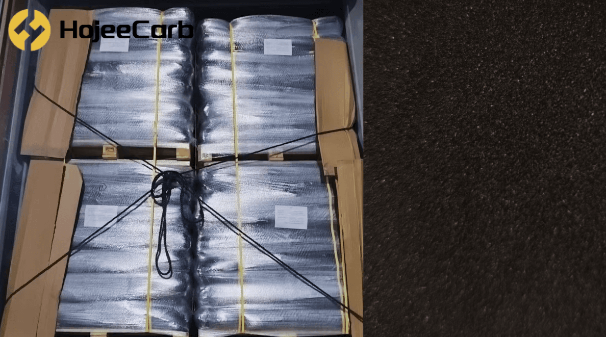 28 tons of powdered activated carbon in moisture-barrier bags loaded inside a shipping container bound for Santos, Brazil — product close-up on right