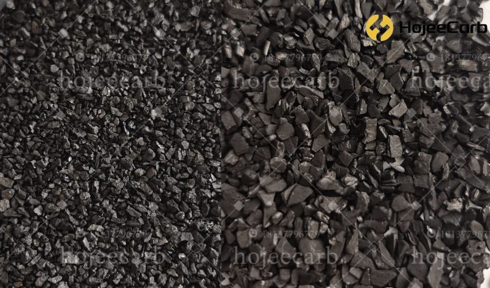 Side-by-side HojeeCarb coal-based granular activated carbon showing fine 1-2 mm mesh on the left and coarse 3-5 mm mesh on the right, matching Carbon Activated Corporation GAC particle sizes
