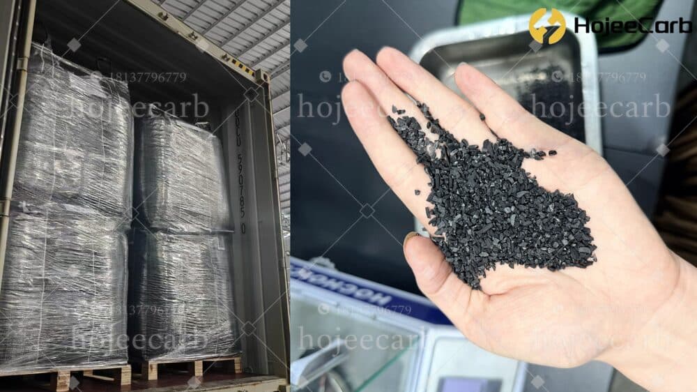 HojeeCarb activated carbon packed in shrink-wrapped bulk bags on pallets inside an export container, with a handful of coal granular activated carbon sample, ready for factory-direct shipment