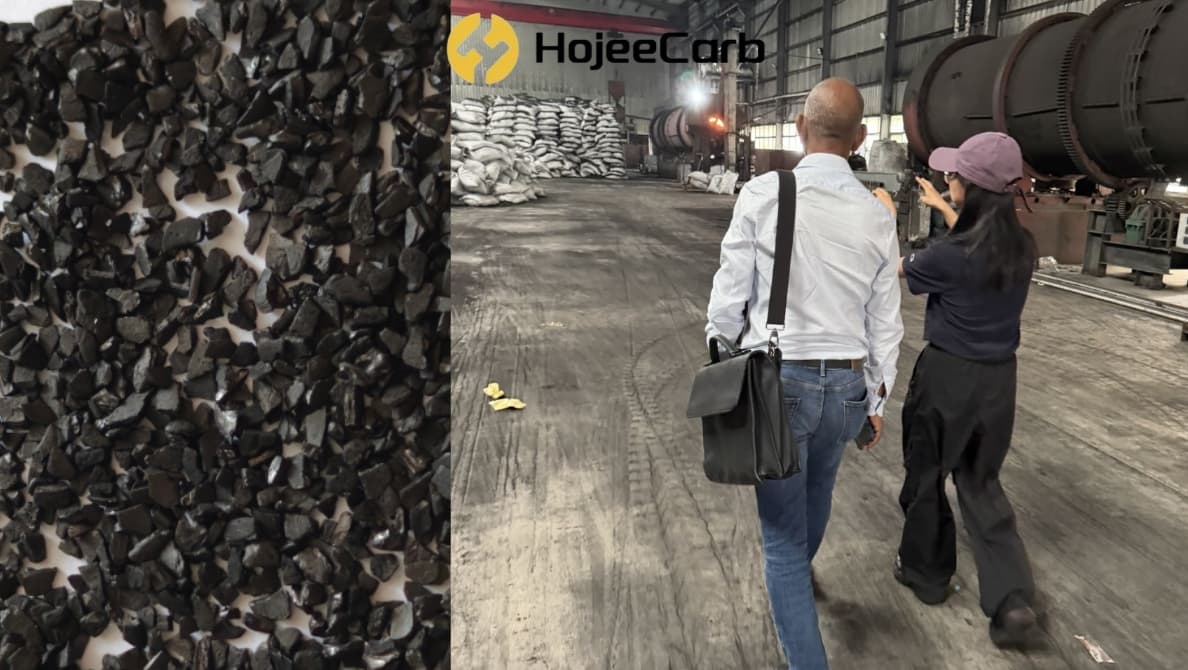 HojeeGold CG1200 coconut shell gold recovery carbon product display during factory visit
