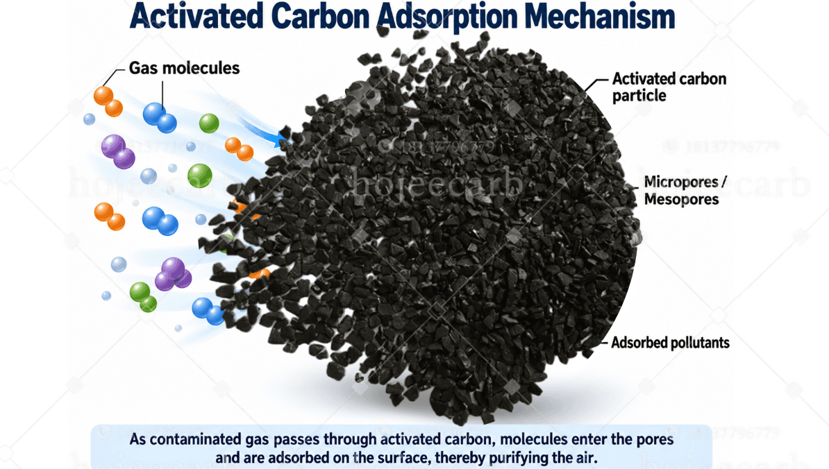 Activated carbon adsorption mechanism diagram — micropores and mesopores capturing odor molecules