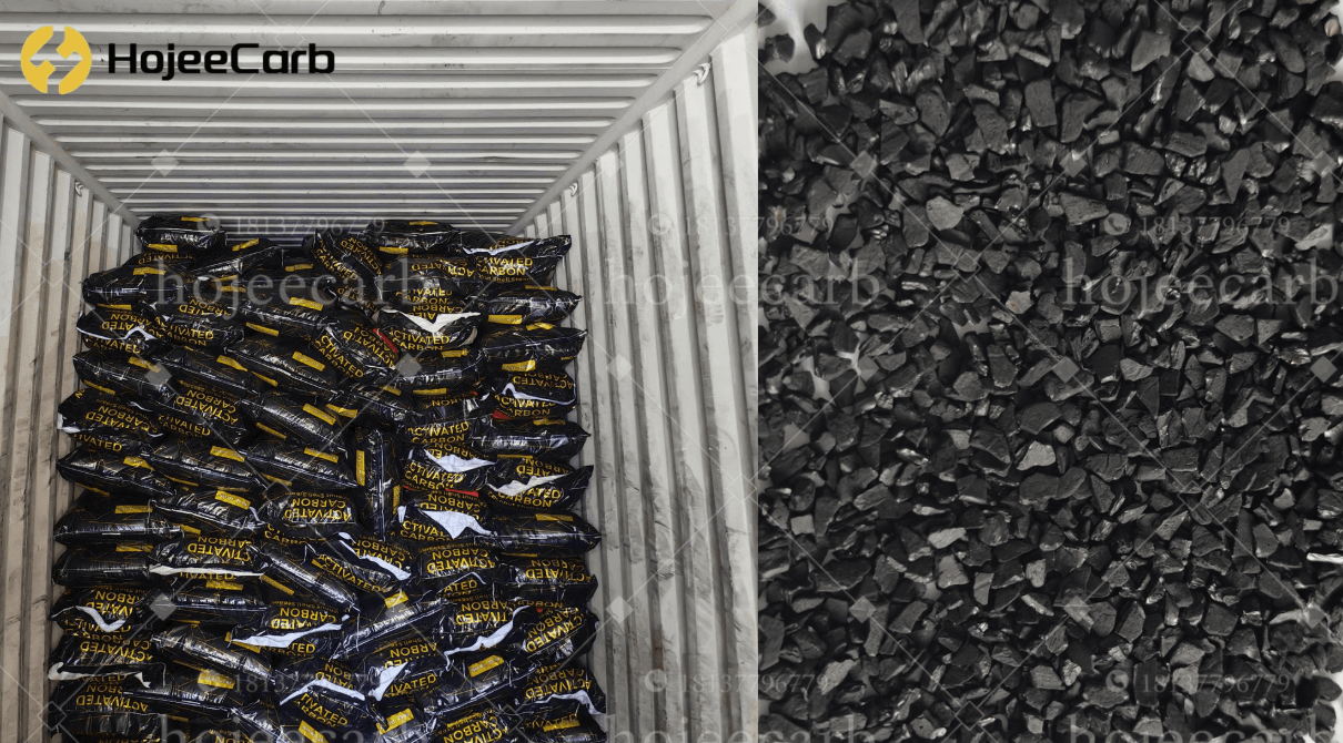 Bulk activated charcoal packed in bags inside a shipping container, ready for export