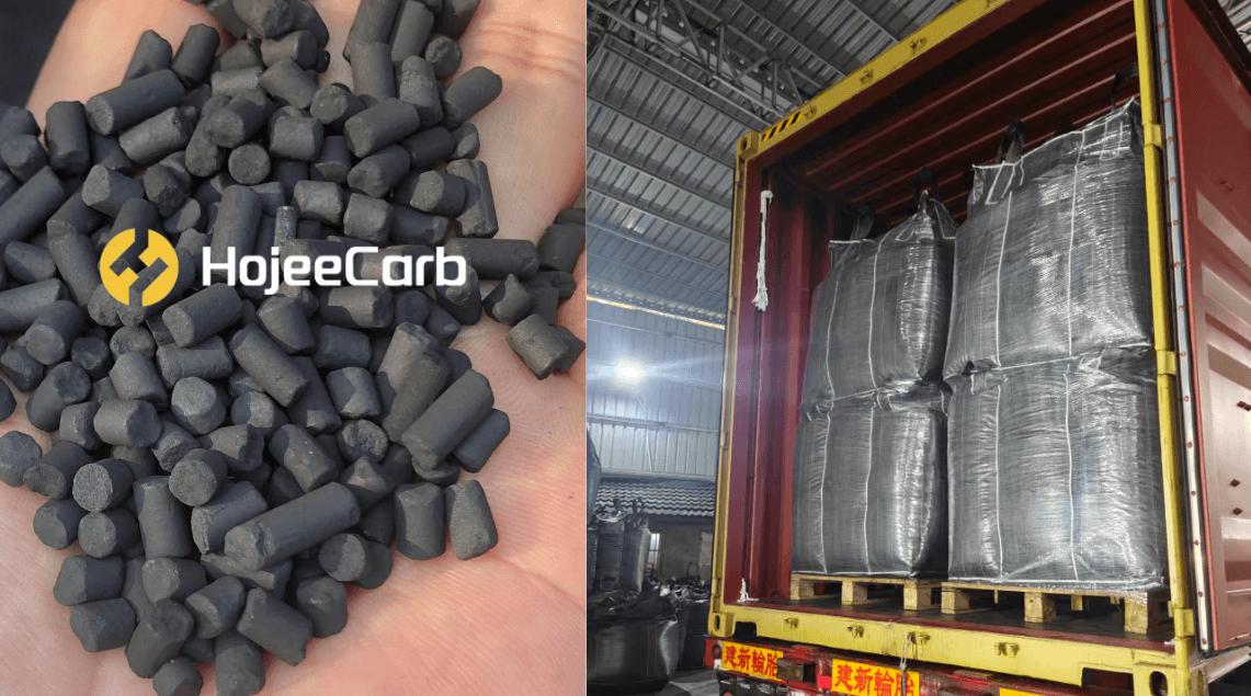 4mm anthracite-based pellet activated carbon and 500kg bags loaded into container for Chile shipment