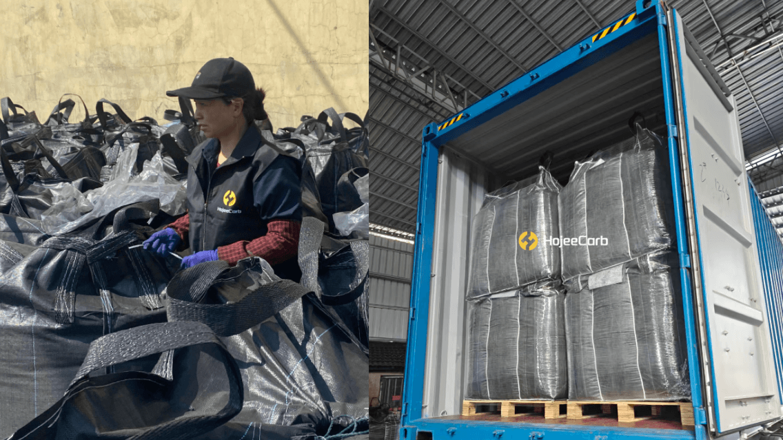 Loading bulk bags of pellet activated carbon into a container for VOC-removal project shipment