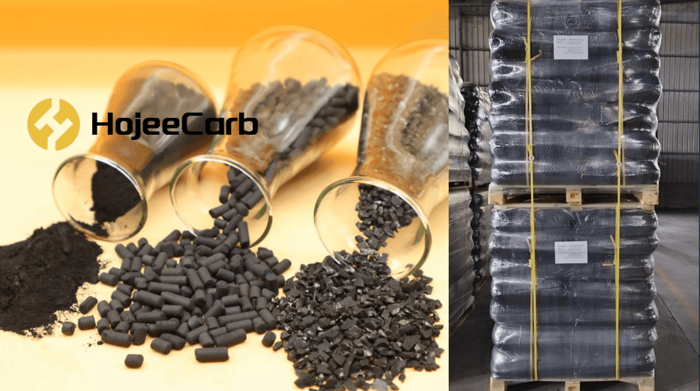 HojeeCarb activated carbon products - powder, pellet, and granular types with warehouse packaging