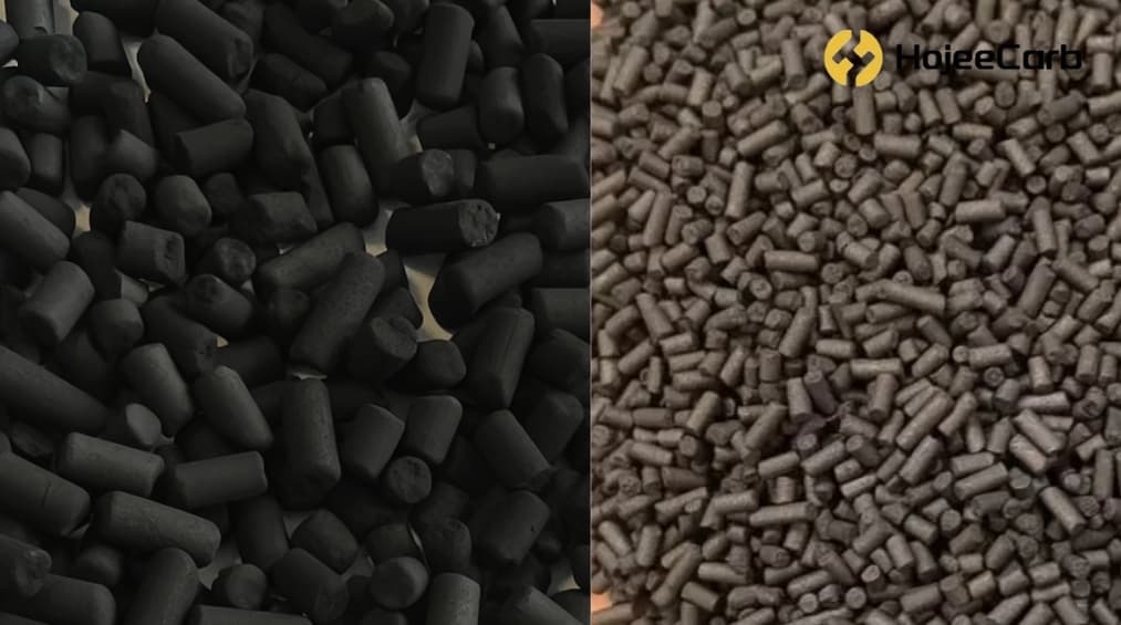 Coal-based columnar activated carbon pellets close-up — uniform cylindrical shape for low pressure drop in gas treatment