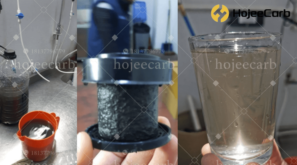 Three panels side by side: dark brown coal tar residue in a laboratory dish, a hand holding a coal-based activated carbon filter cartridge, and a hand holding a glass of clear filtered water — illustrating how coal tar causes yellow water in activated carbon filters