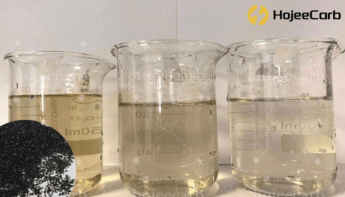 Jar test comparison: three glass beakers showing water filtered through activated carbon grading from yellow on the left to completely clear on the right, with an inset of black coal-based granular activated carbon — HojeeCarb Turkey water filter case study