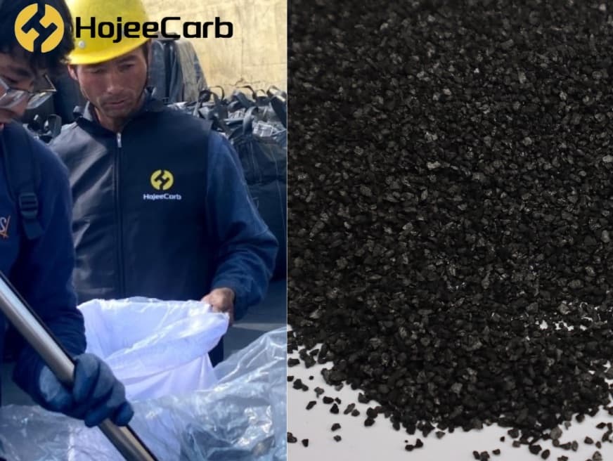 HojeeCarb coal-based activated carbon — factory worker sampling bituminous granular carbon from bulk bags
