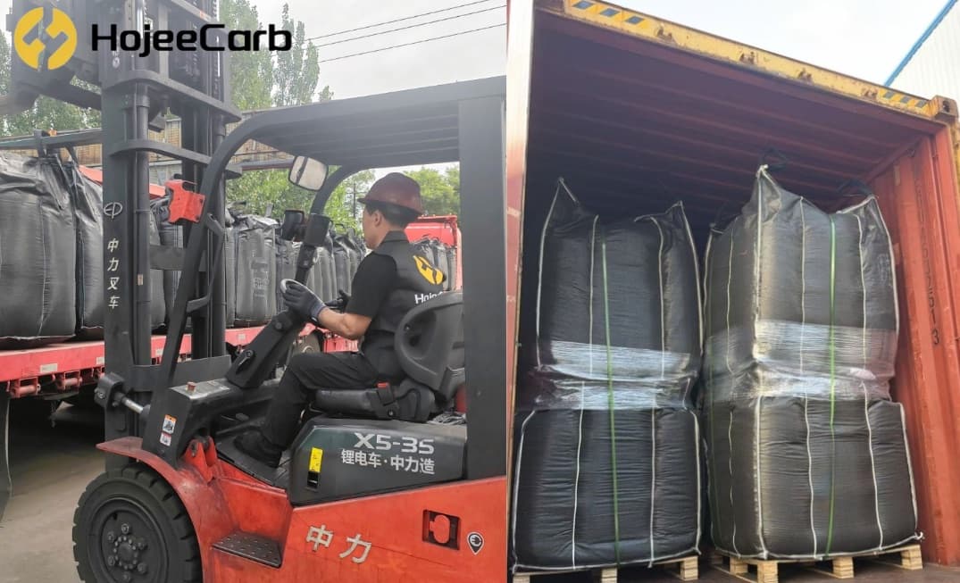 Coal-based activated carbon export — forklift loading bulk bags into shipping container for international delivery