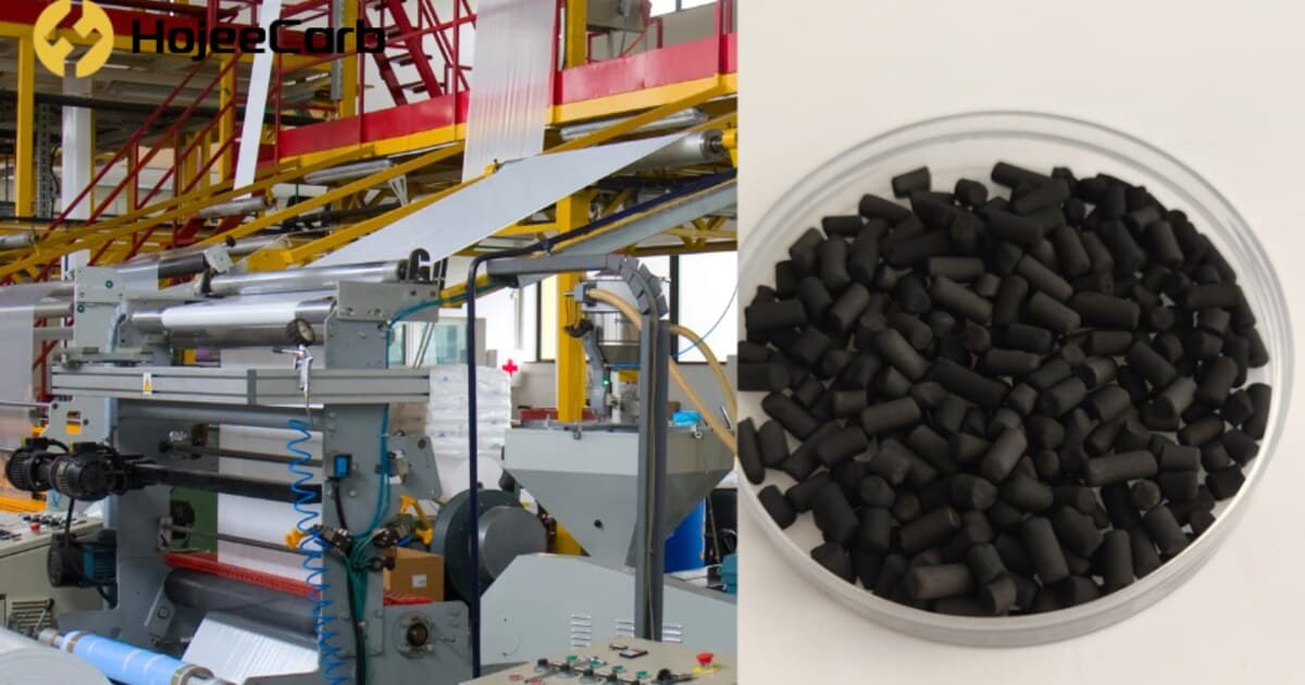 Coconut shell columnar activated carbon pellets beside an adhesive tape coating line, shipped to Indonesia for toluene and ethyl acetate solvent recovery
