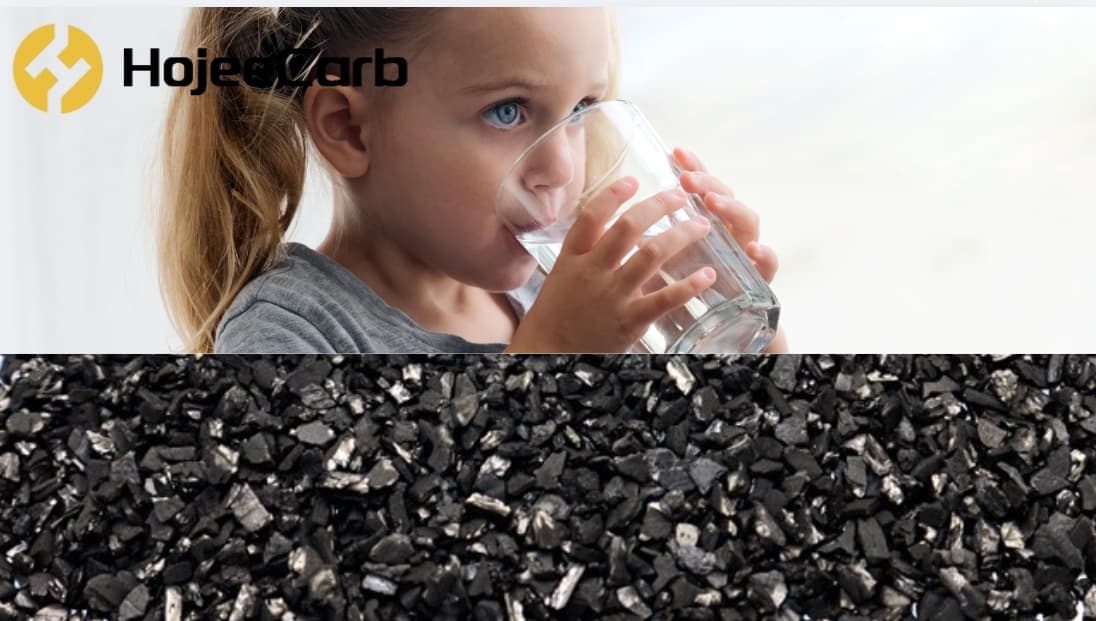 Clean, safe municipal drinking water alongside a close-up of coconut shell granular activated carbon