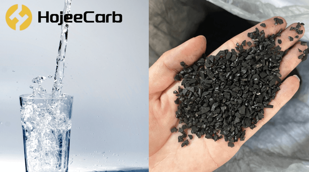 HojeeCarb coconut shell granular activated carbon in hand alongside a glass of clean drinking water for municipal treatment