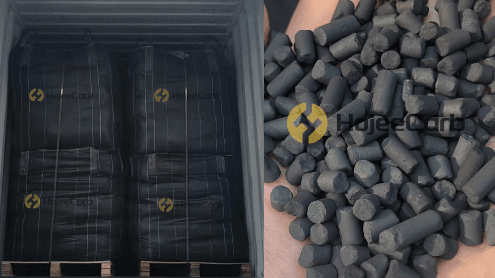 Activated carbon bulk bags loaded in shipping container alongside pellet carbon product samples