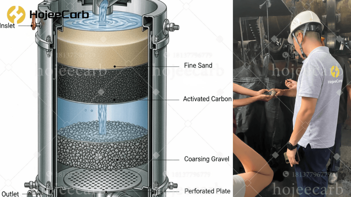 Cross-section diagram of GAC filter bed layers with HojeeCarb engineer inspecting activated carbon sample