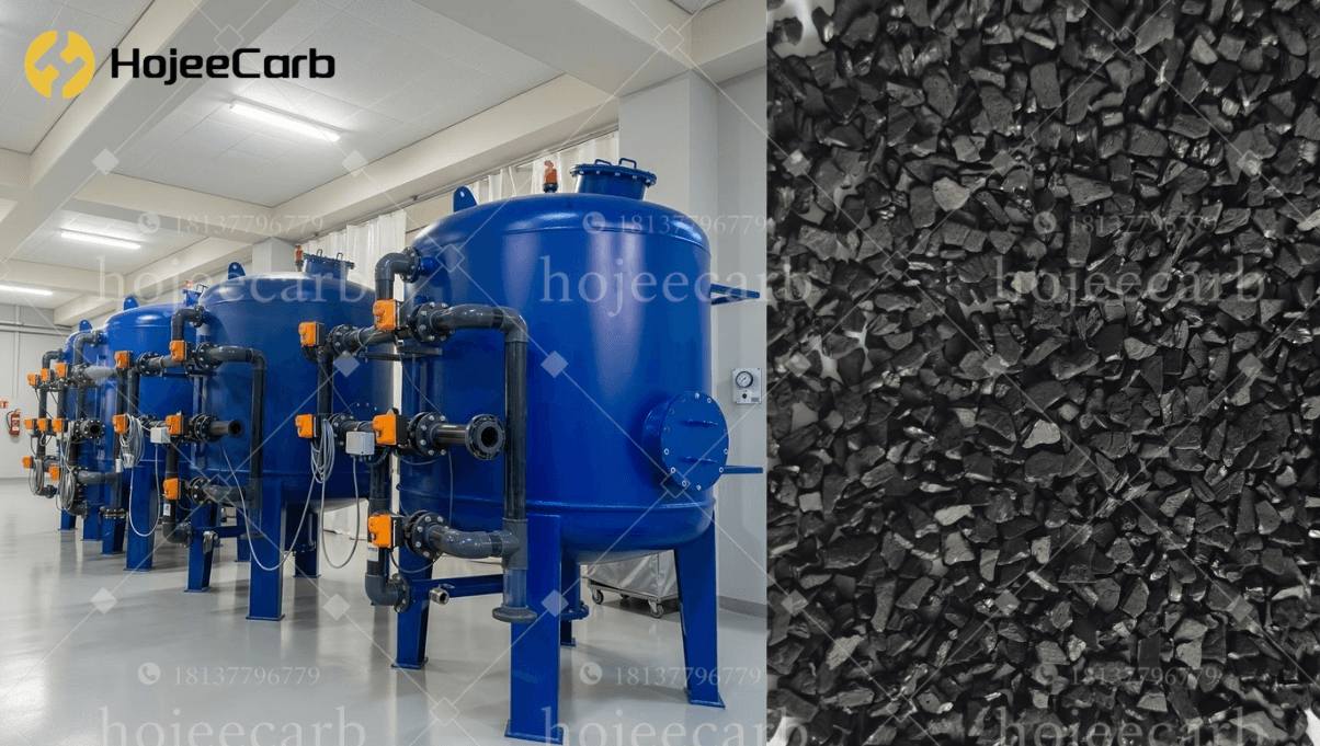 GAC pressure filter vessels for dechlorination in industrial water treatment plant