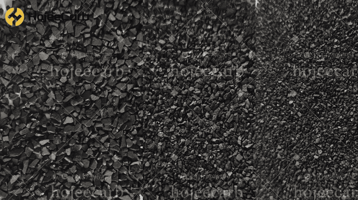 Three mesh grades of granular activated carbon side by side — 4x8, 8x30, 12x40 for dechlorination
