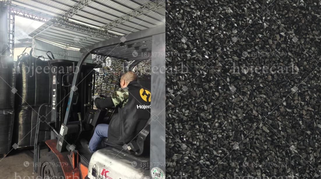 Granular activated carbon bulk bags being handled by forklift in the warehouse, alongside a macro close-up of coal-based GAC granules used in PFAS water treatment