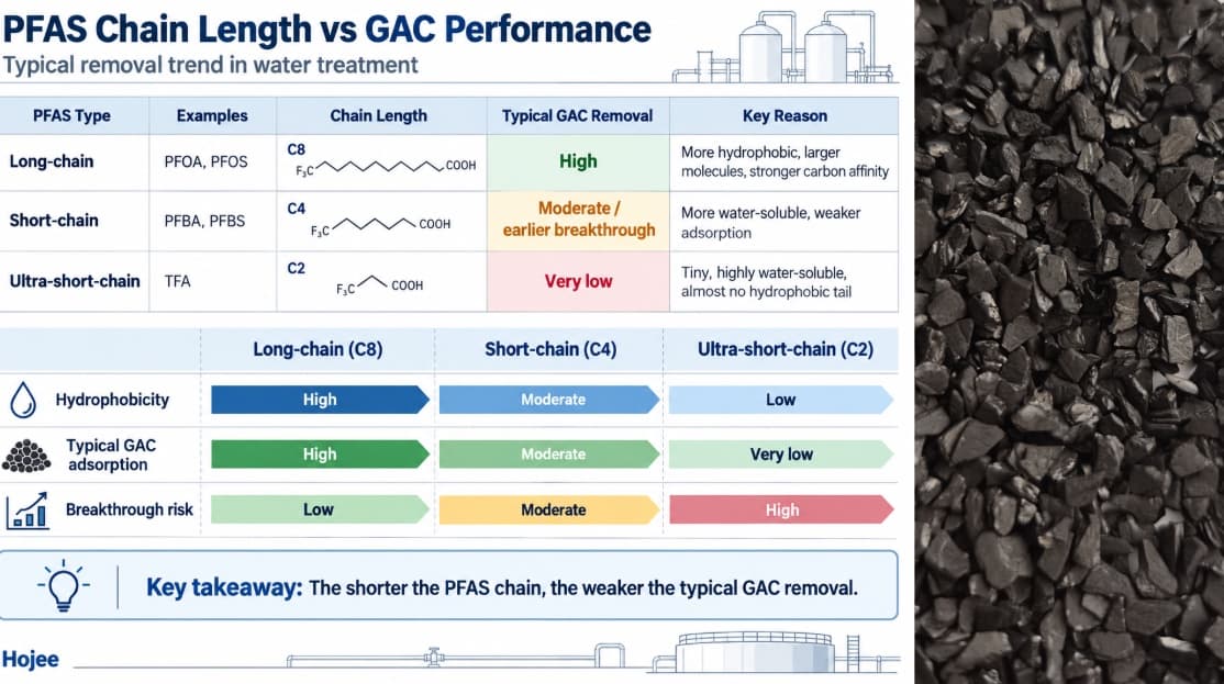 Infographic comparing PFAS chain length versus GAC removal performance — long-chain PFOA/PFOS high removal, short-chain PFBA moderate, ultra-short-chain TFA very low