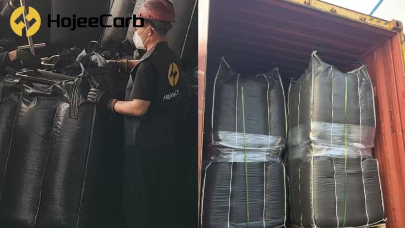 HojeeCarb worker handling jumbo bags of coconut shell activated carbon and bags stacked and strapped inside a container for shipment to Ethiopia