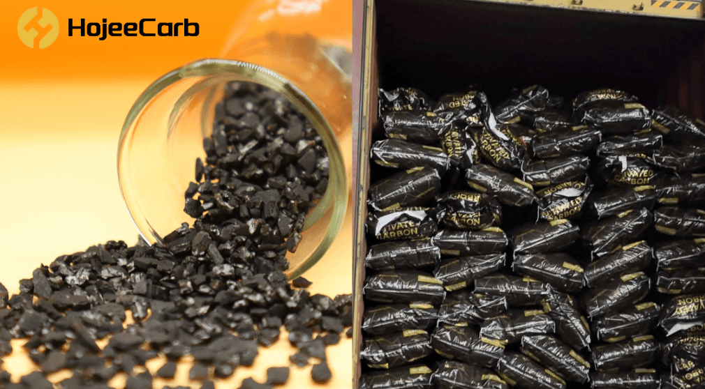 HojeeCarb coconut shell gold recovery activated carbon — close-up of the granular carbon and packaged bags stacked in a container bound for Ethiopia