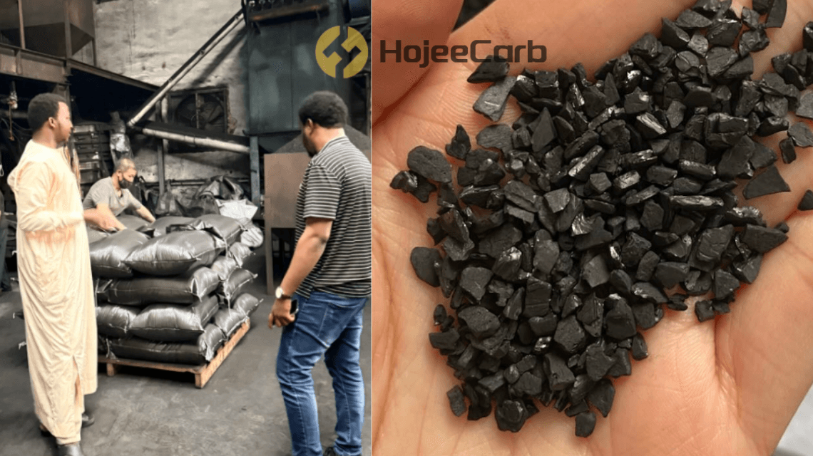 International buyers visiting HojeeCarb factory — inspecting granular activated carbon quality and packaging